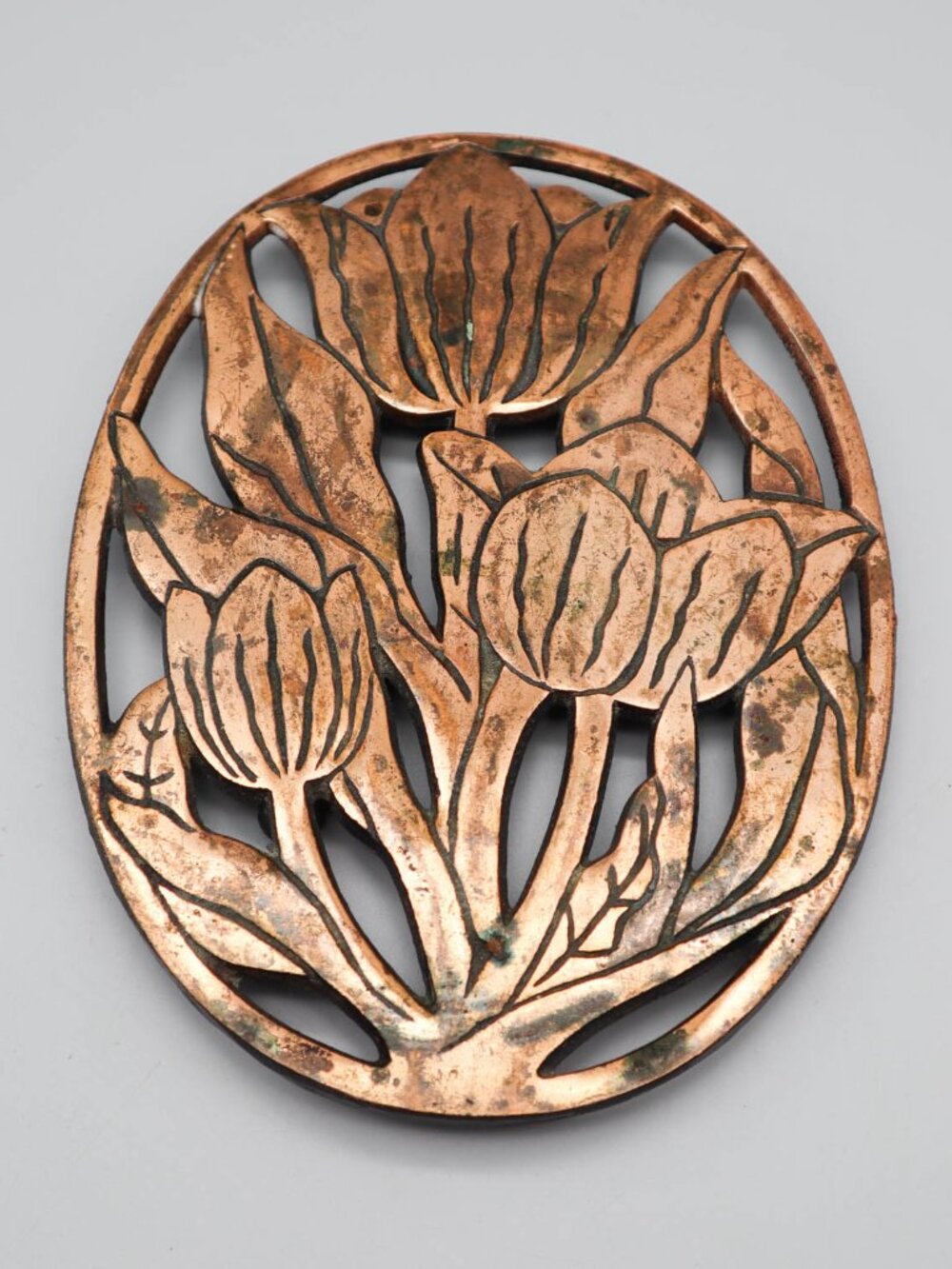 Vtg '80s Marble Designs Copper-plated Cast Iron Floral Tulip Trivet Cottagecore